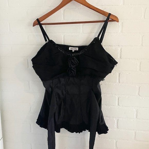 Vintage Y2K Babydoll Bustier Tank top Rosette Tie back Satin Polyamid Black 12 - Picture 5 of 14